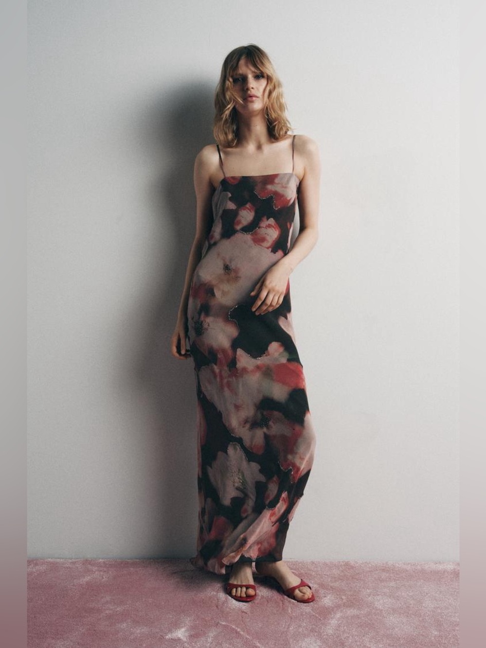Zara Floral Slip Maxi Mesh Dress in Black and Pink Evening Party Wedding